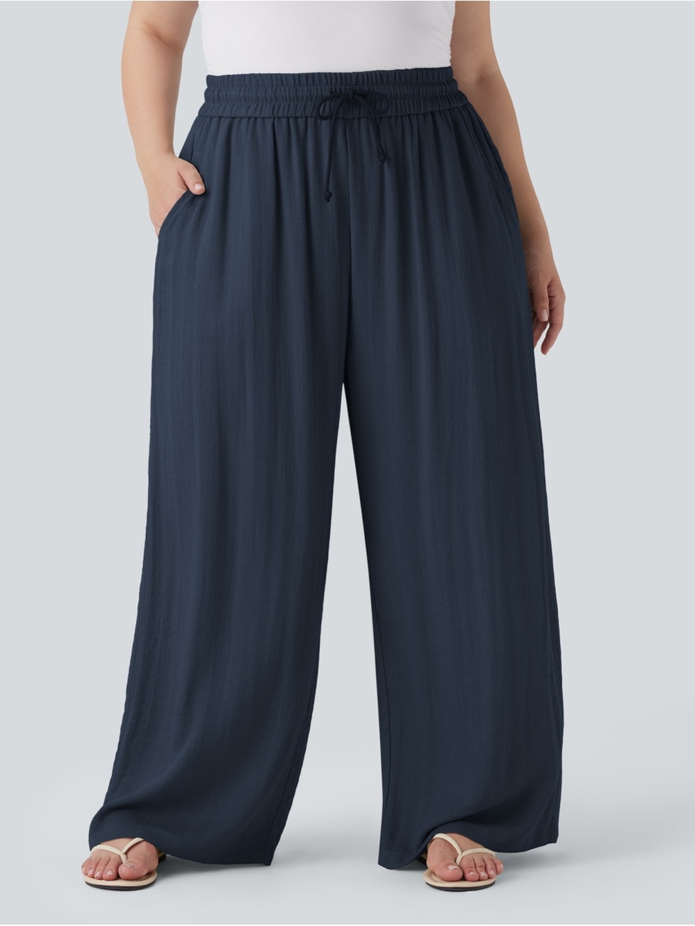 Halara Linen Feel Wide-Leg Pull-On Pants in Navy